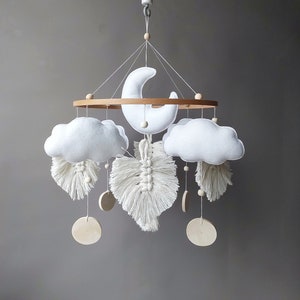 Macrame boho nursery decor Baby mobile neutral Scandi baby girl room White clouds moon crib mobile Baby shower gift