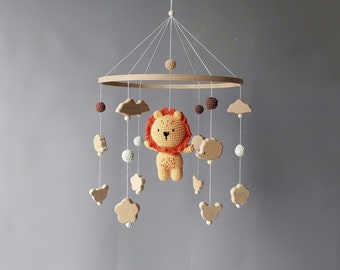 Lion baby mobile for crib with crochet baby rattle Safari baby room nursery decor neutral Musical hanging jungle wild animal cot mobile