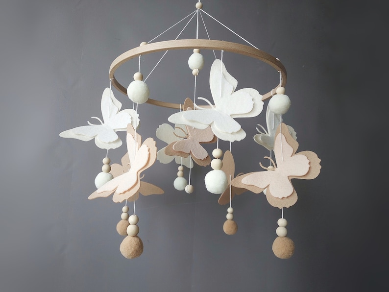 Butterfly mobile baby girl Crib pom pom boho mobile musical bebe Nursery felt baby mobile neutral Hanging ball Cot wood beads mobile image 4