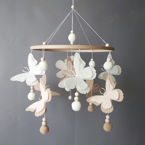 Butterfly mobile baby girl Crib pom pom boho mobile musical bebe Nursery felt baby mobile neutral Hanging ball Cot wood beads mobile image 3