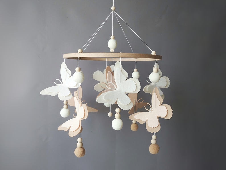 Butterfly mobile baby girl Crib pom pom boho mobile musical bebe Nursery felt baby mobile neutral Hanging ball Cot wood beads mobile image 3