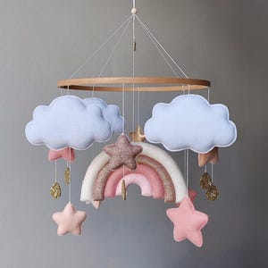 Baby mobile girl Rainbow crib mobile musical bebe Boho baby girl nursery decor Felt blush pink hanging mobile Over crib decor