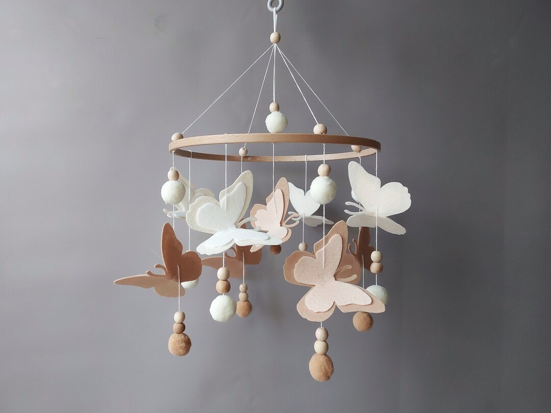 Butterfly Mobile Baby Girl Crib Pom Pom Boho Mobile Musical Bebe