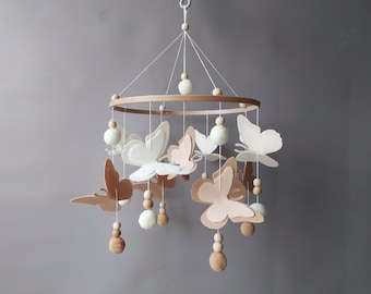 Butterfly mobile baby girl Crib pom pom boho mobile musical bebe Nursery felt baby mobile neutral Hanging ball Cot wood beads mobile