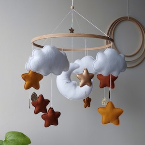 Moon and stars baby mobile Crib mobile musical bebe for boho nursery decor Felt cloud mobile hanging gender neutral New baby girl gift