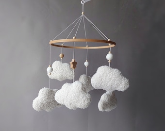 Boucle cloud baby mobile nursery White crib mobile for gender neutral boho nursery decor Musical minimalist mobile Baby shower gift