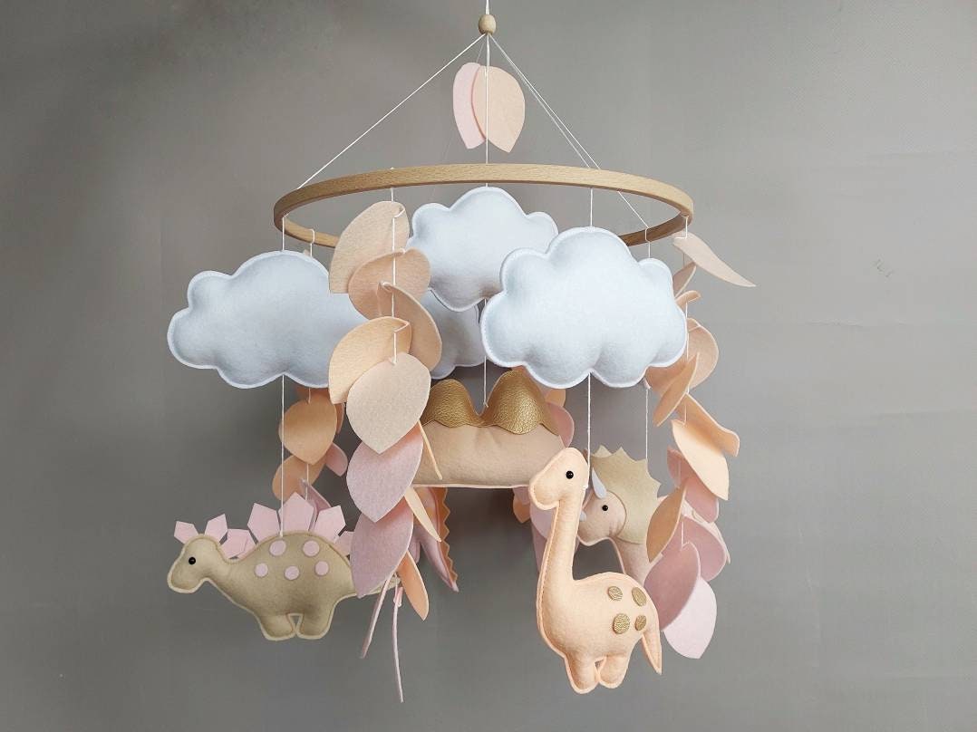 Dinosaur baby mobile girl Jungle nursery decor Baby room Crib mobile felt dinos mountains Musical neutral hanging mobile Baby shower gift