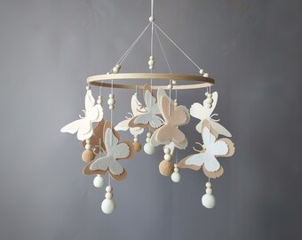 Butterfly baby mobile neutral Crib mobile musical Boho nursery decor Felt handmade hanging cot mobile with arm Baby shower girl or boy gift