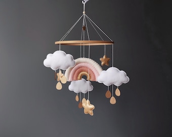 Rainbow mobile Baby girl nursery decor Baby room blush pink gold star Cloud crib mobile musical Hanging cot mobile Baby shower gift