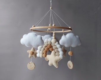 Nursery mobile baby Crib pom pom rainbow mobile neutral Boho mobile musical bebe Cot cloud mobile Felt hanging wooden beads  star mobile