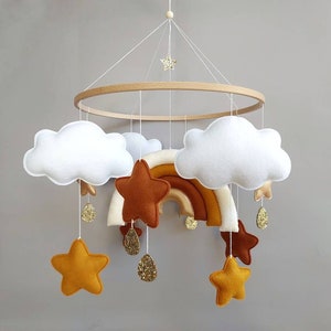 Baby mobile musical bebe Rainbow terracotta for nursery Crib mobile with gold star Felt hanging mobile kit Boho cot mobile gender neutral