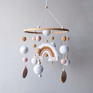 Crib mobile nursery Baby mobile neutral Boho nursery decor Rainbow mobile musical bebe Hanging pom pom mobile Gender neutral Baby gift