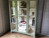 Large Old Vintage Antique Painted Glass Fronted Display Kitchen Cabinet Bookcase Linen Cupboard (Delivery is an extra cost)