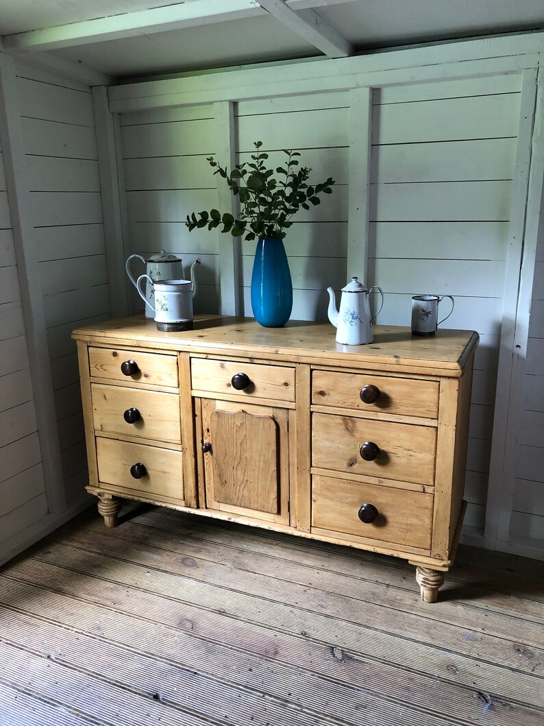 Antique Pine Dresser Base On Turned Feet With Drawers Etsy