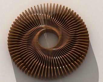 May include: A circular, wooden decorative piece with a series of curved, vertical slats arranged in a radial pattern. The slats are a warm brown color, creating a layered effect. The center has a circular opening. The piece is likely for wall decor.