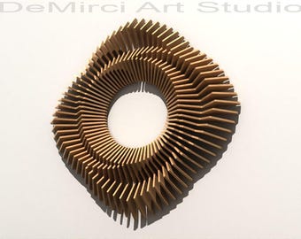 May include: A wooden wall art piece with a geometric design. The artwork is composed of numerous thin, rectangular wooden pieces arranged in a spiral pattern, forming a circular shape with a central opening. The piece is mounted on a white wall. The text "DeMirci Art Studio" is at the top.
