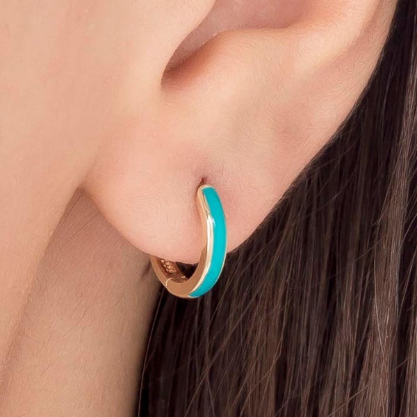 Turquoise Color Enamel Sleeper Hoop Earrings in Solid Gold