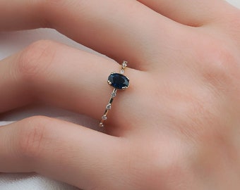 Genuine Oval Sapphire and Diamond Ring in Real Gold - Oval Sapphire Engagement Ring - Dainty Stackable Sapphire Ring - Perfect Gift for Mom