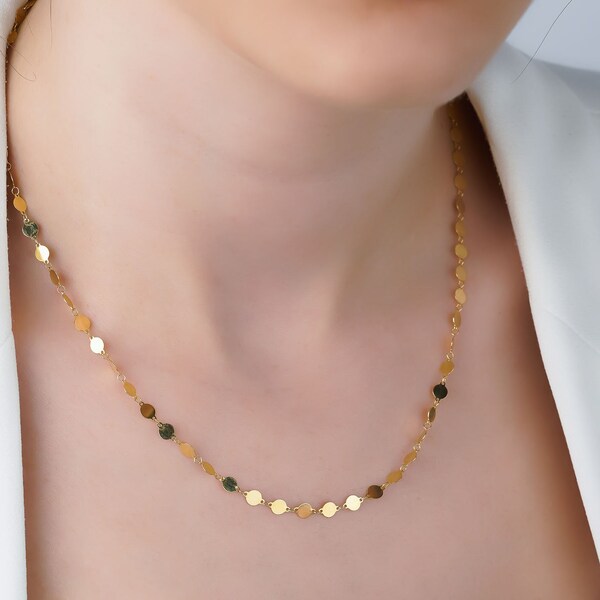 Gold Mirror Chain with Glitter 5mm Disc in Real Gold 14k