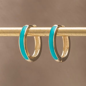 Turquoise Color Enamel Sleeper Hoop Earrings in Solid Gold image 3