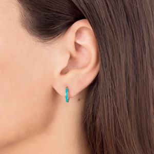 Turquoise Color Enamel Sleeper Hoop Earrings in Solid Gold image 4