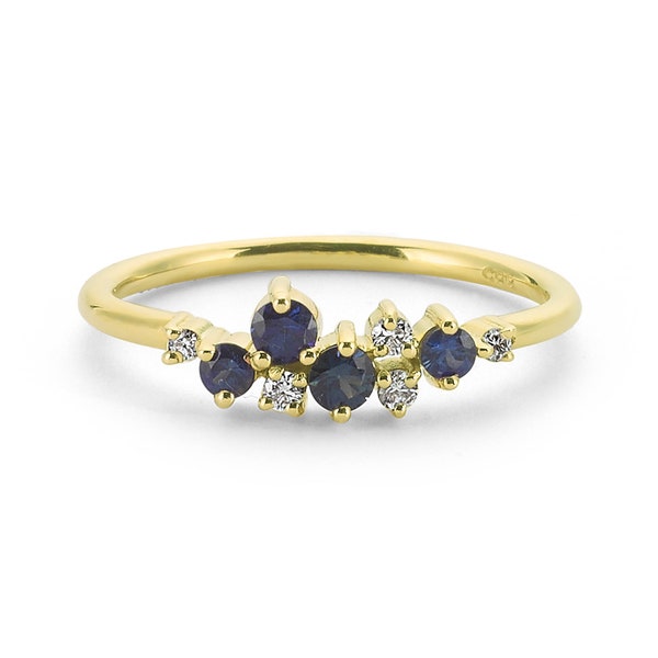 Sapphire and Diamond Cluster Stacking Ring in Solid 14k Gold - Dainty Sapphire Wedding Ring - 14k Real Gold Minimalist Blue Sapphire Ring