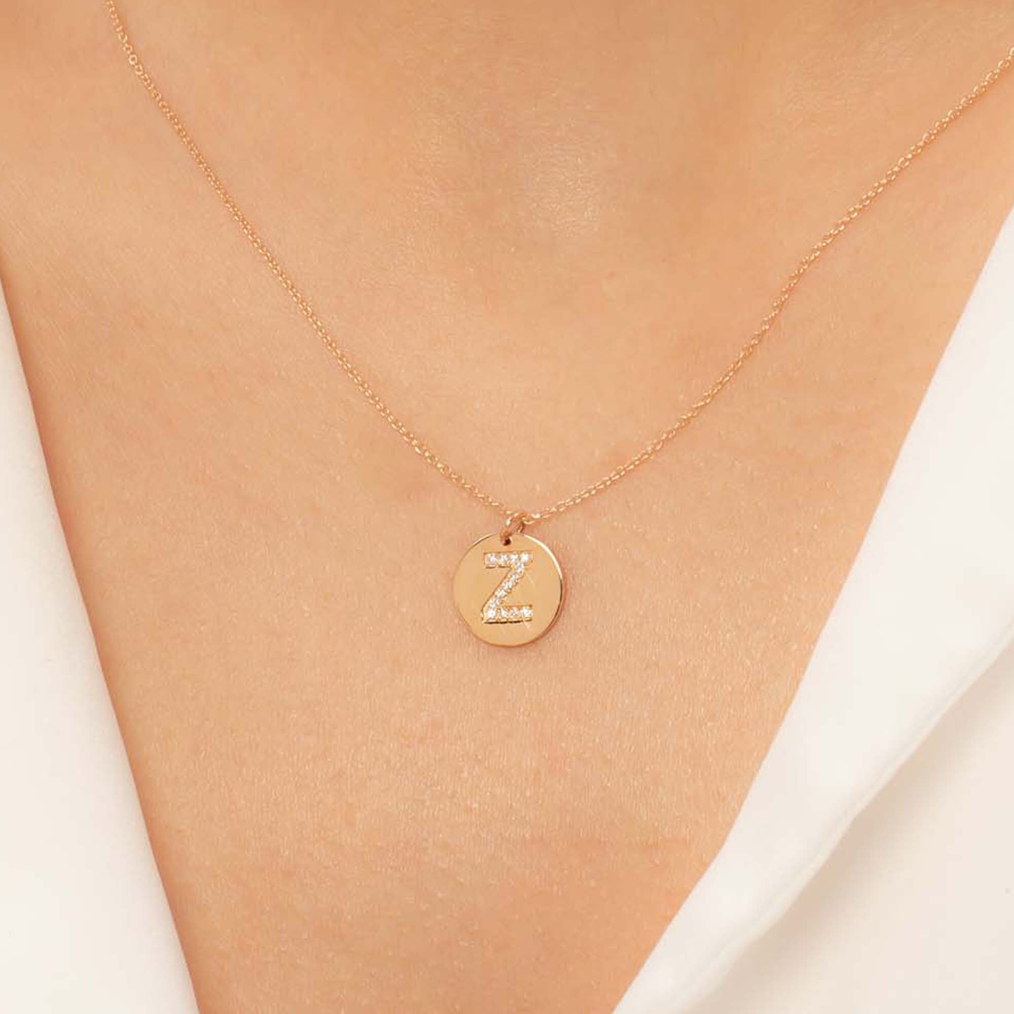 Letter Z Charm Pendant Necklace 14k Solid Gold Initial Coin Etsy