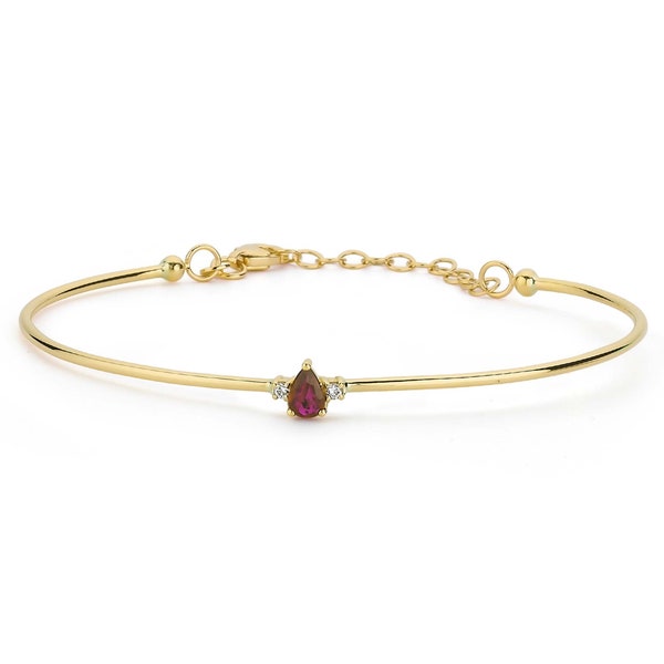 Genuine Ruby and Diamond Flexible Bangle Bracelet in Gold - 14Kt Gold Ruby Bracelet - Gemstone Open Cuff Bracelet - Ruby Graduation Gift