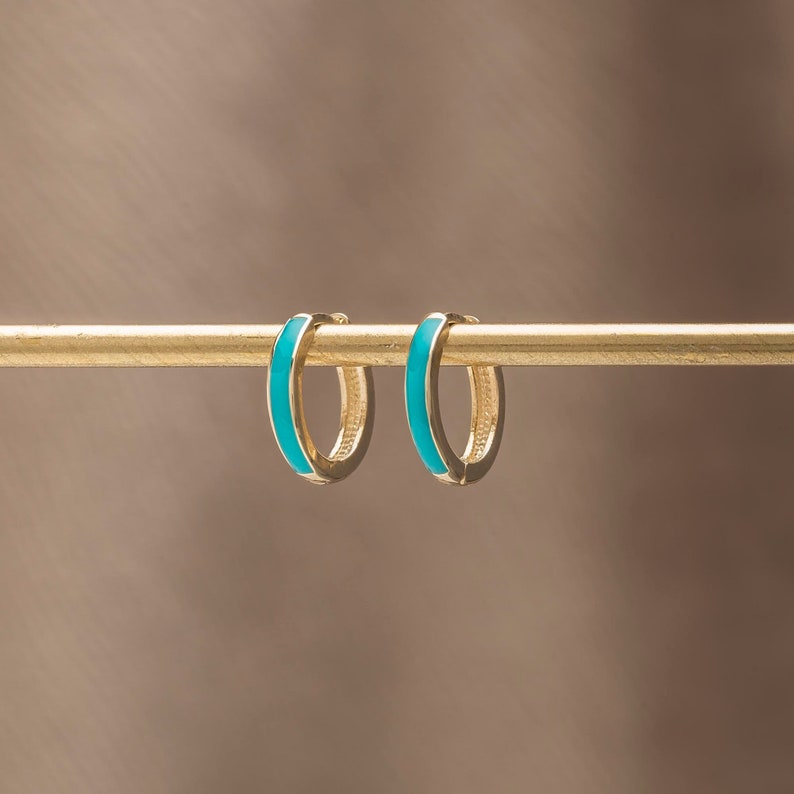 Turquoise Color Enamel Sleeper Hoop Earrings in Solid Gold image 3
