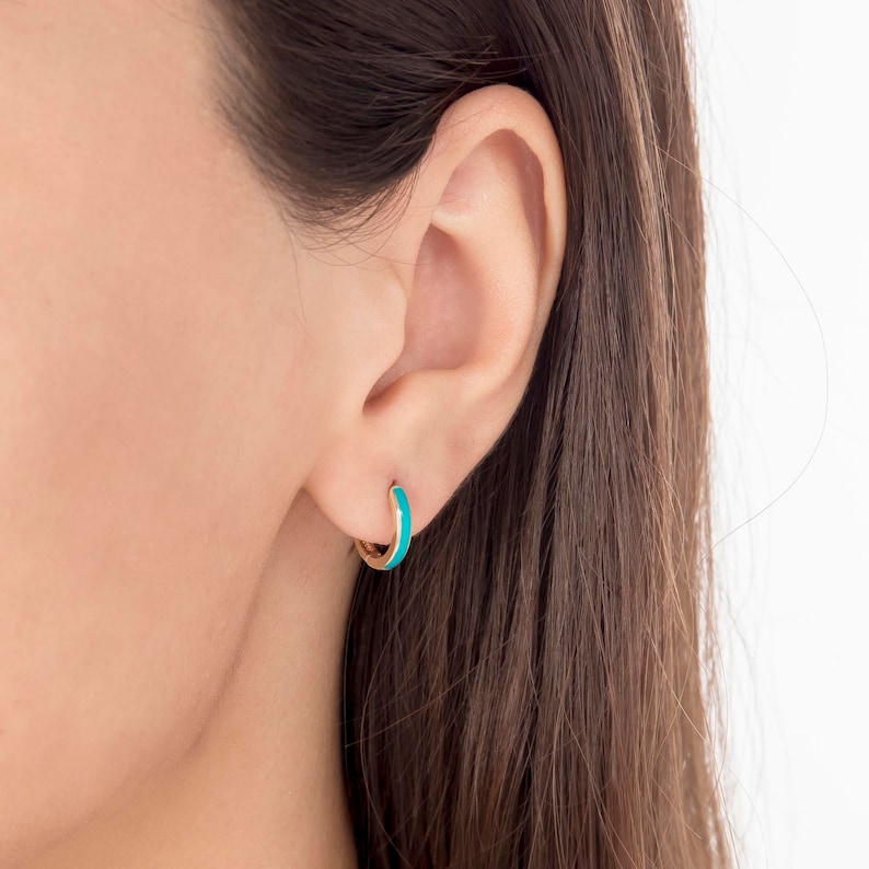 Turquoise Color Enamel Sleeper Hoop Earrings in Solid Gold image 5