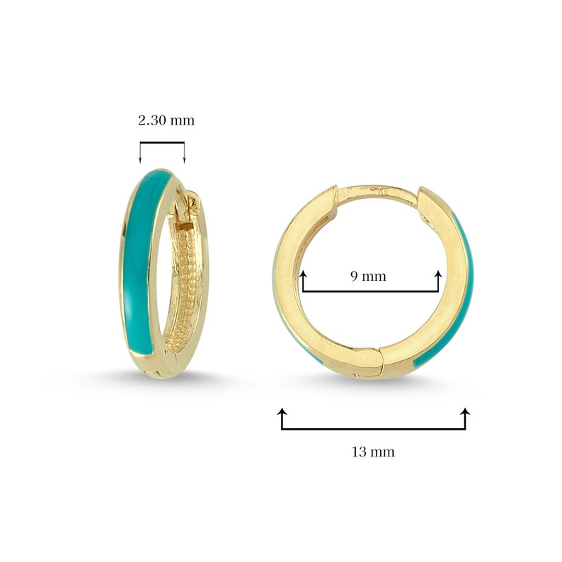 Turquoise Color Enamel Sleeper Hoop Earrings in Solid Gold image 2