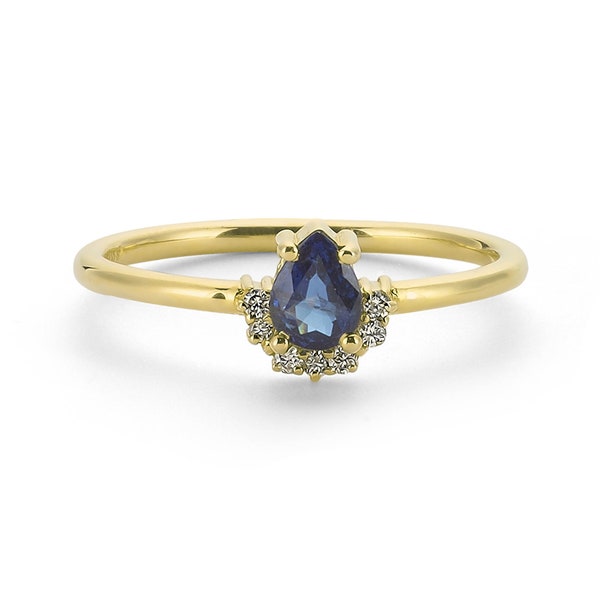 Blue Sapphire Engagement Ring with Cluster Diamond - Dainty 14k Sapphire and Diamond Cluster Ring - Tear Drop Sapphire Ring for Ladies