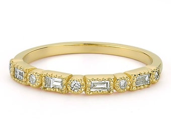 Baguette and Diamond Wedding Ring in 14k Solid Gold - Dot Dash Stacking Ring - Half Eternity Milgrain Band Ring - Vintage Baguette Ring