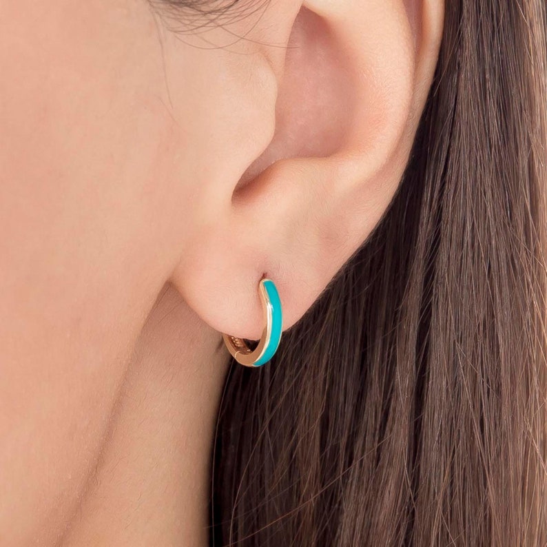 Turquoise Color Enamel Sleeper Hoop Earrings in Solid Gold image 1