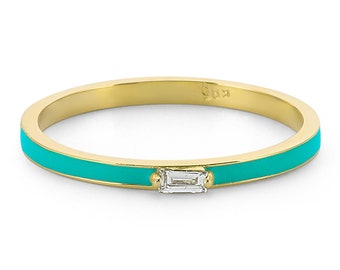 Dainty Turquoise Color Enamel Band Ring in Real Gold - Unique Modern Weeding Band Ring - Horizontal Baguette Solitaire Ring in 14k Real Gold