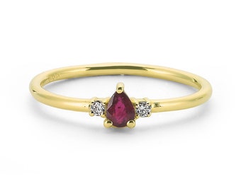 Dainty Pear Shape Ruby and Diamond Engagement Ring - Tiny Ruby Promise Ring - Delicate Ruby Ring in Gold - Ruby Ring with Diamond Side Stone