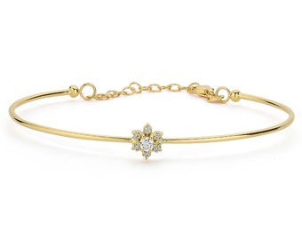 14k Cluster Diamond Flower Bangle Bracelet with Adjustable Chain
