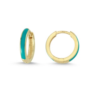 Turquoise Color Enamel Sleeper Hoop Earrings in Solid Gold image 6