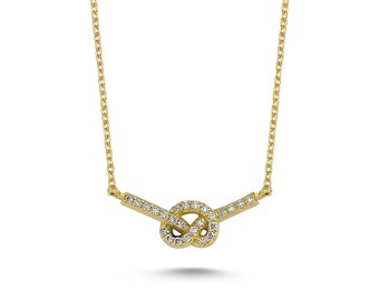 Dainty Knot Necklace with Pave Set Diamond in 14k Solid Gold for Women