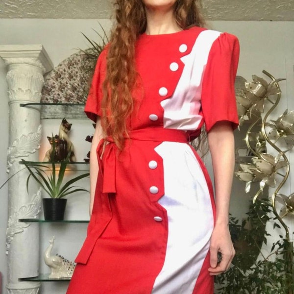 Vintage 1980s Boss Bitch Dress / Red and White Dress / Aries dress /