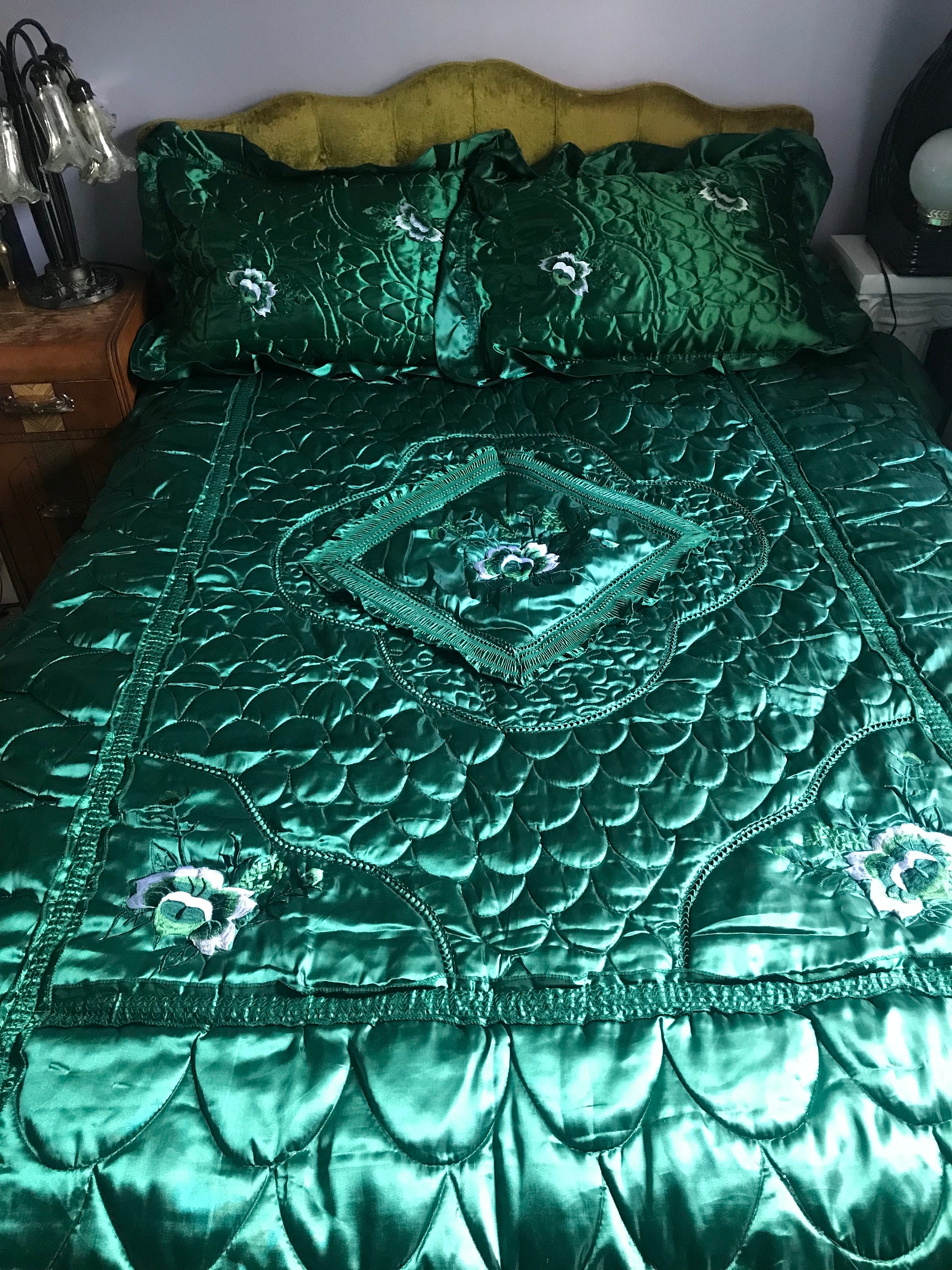 Vintage Forest Green Ruffled Satin Bedspread 1980s / Forest Goth Doll