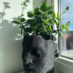 Maceta "Cabeza en Flor" / Jarrón de malla negra con forma de cabeza / Maceta escultórica única impresa en 3D
