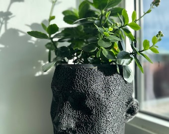 Head in Bloom" Planter / Black Mesh Head Vase / Unique 3D Printed Sculpture Pot