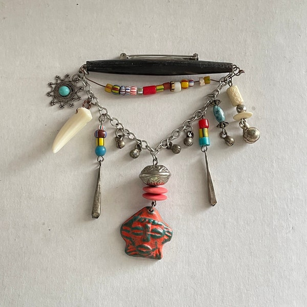 Peruvian Bar Pin with dangling beads horn and Inca Warrior, Unmarked Beauty with Wire Work, Hippie, Boho, Groovy, Movement, Peruvian Jewelry