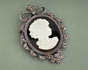 Victorian Portrait Cameo Brooch Pendant in Sterling Silver, Vintage sterling silver 925 marcasite black onyx Cameo Pendant Brooch Pin