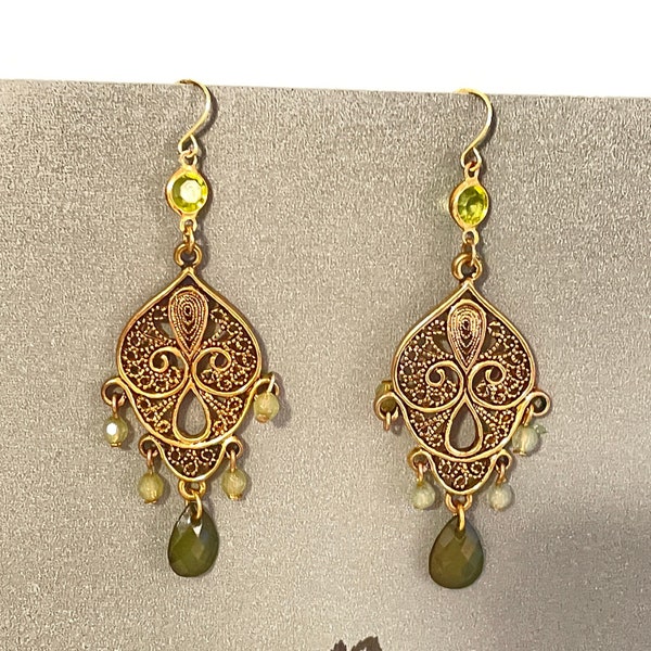 Filigree chandelier earrings, green faceted beads, dangling hanging, gold tone, Retro Revival Jewelry, boho Fashion, Hippie Jewelry
