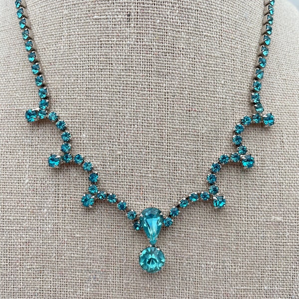 Blue Rhinestone Necklace, Blue Silver Tone Prong Set Neck Chain, Bridesmaid Jewelry, Prom Necklace Choker, Mermaid Necklace