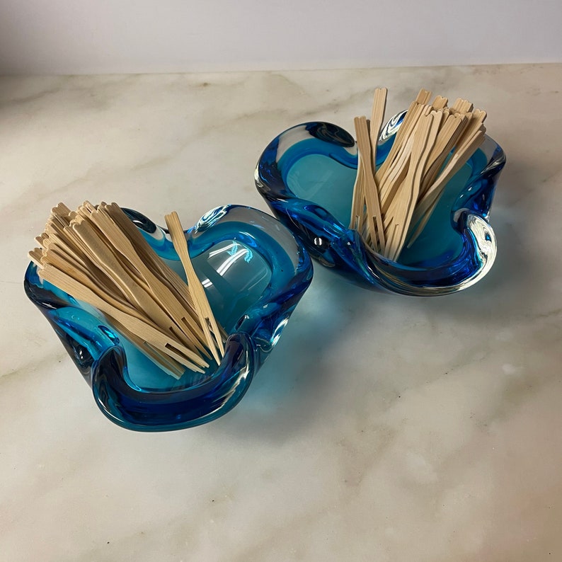 Thick Heavy Cigarette Cigar Smoking Barware Funeral Parlor 2 Vintage Murano Ashtray Bowl Biomorphic Pinched Glass Blue and Clear Bowl
