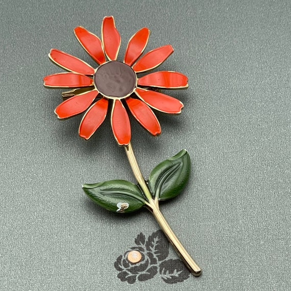 Flower Power Enamel Brooch, 1960's Mod PIn, Orang… - image 7