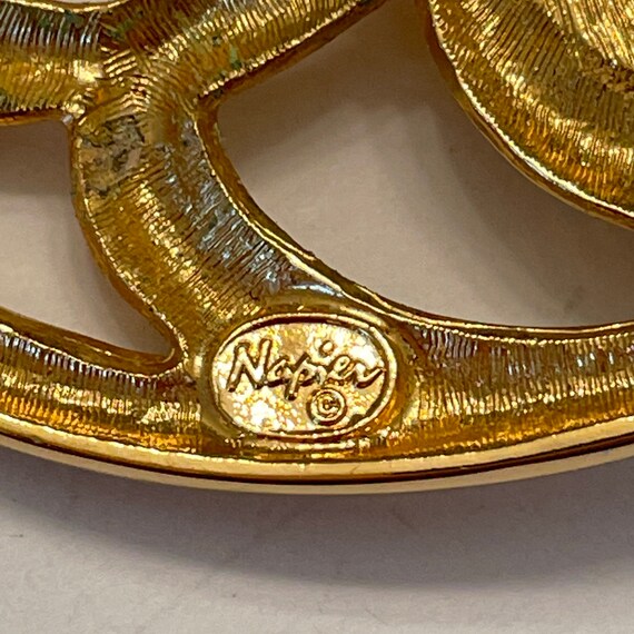 Napier Leaf Brooch Pin, Gold Tone Faux Cabochon P… - image 10